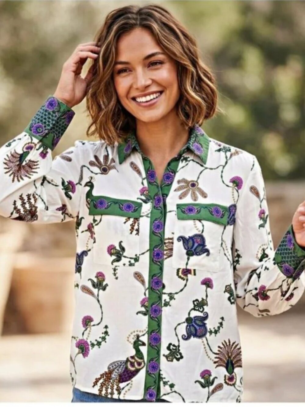 NWT LOFT Peacock & Botanical Print Shirt Women's Size M